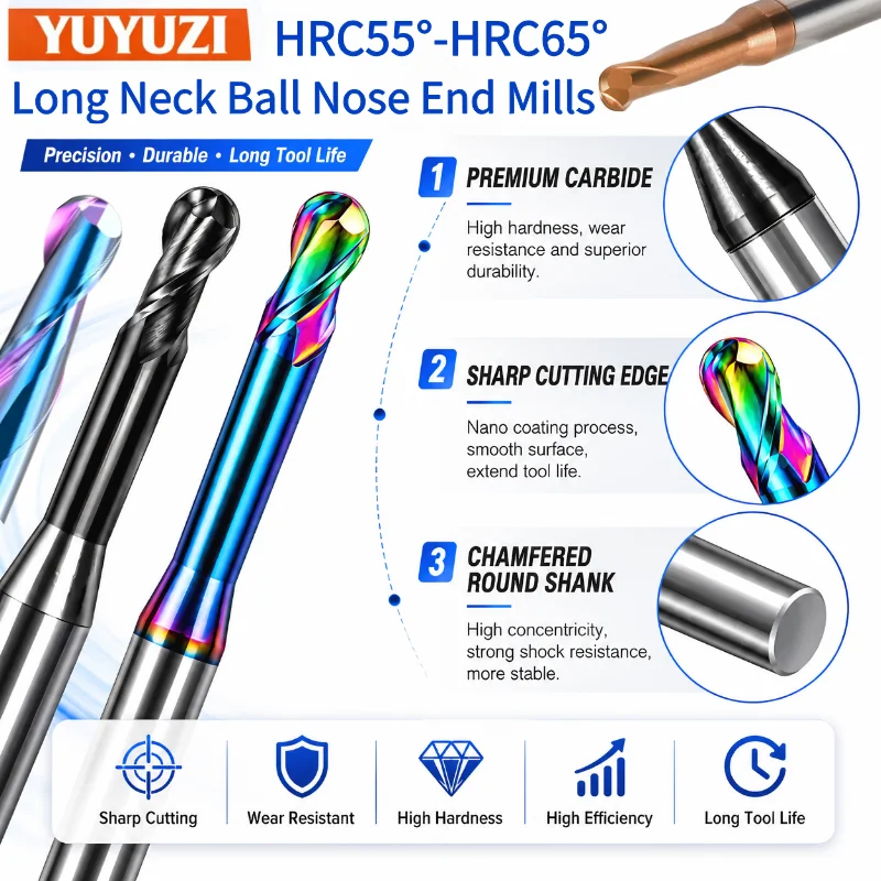 HRC55 HRC65 CNC Carbide Ball Nose End Mil R0.1-R1.5 2 Flute Long Neck Ball Nose End Mill Nano Coated Ball Nose End Mill
HRC55 HRC65 CNC Carbide Ball Nose End Mil R0.1-R1.5 2 Flute Long Neck Ball Nose End Mill Nano Coated Ball Nose End Mill