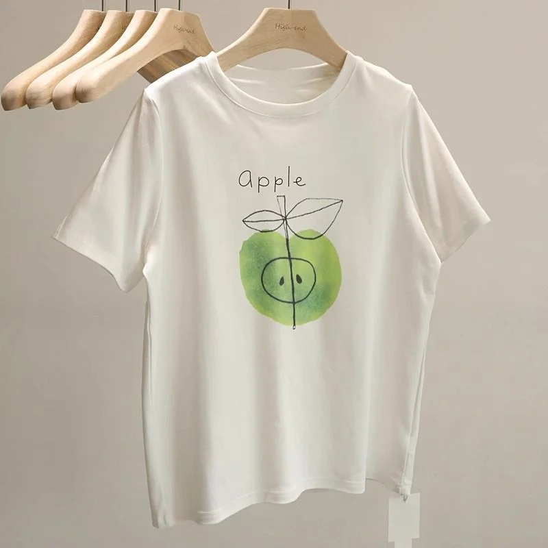 Short-sleeved T-shirt with Green Apple Pattern Print for Women, Loose and Casual Korean-style Round-neck Pure Cotton Top
Short-sleeved T-shirt with Green Apple Pattern Print for Women, Loose and Casual Korean-style Round-neck Pure Cotton Top