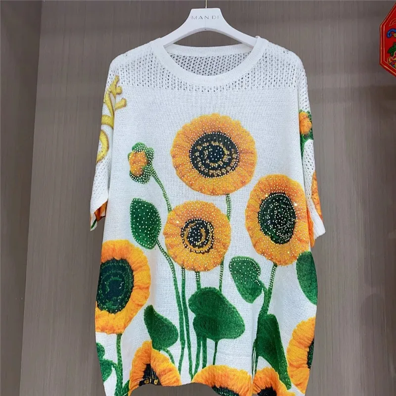 2025 NEW Summer Internet Celebrity Fresh Sunflower Print T-Shirt Soft Loose Diamond Women T-Shirt Female Thin Knitwear Pullover
2025 NEW Summer Internet Celebrity Fresh Sunflower Print T-Shirt Soft Loose Diamond Women T-Shirt Female Thin Knitwear Pullover
