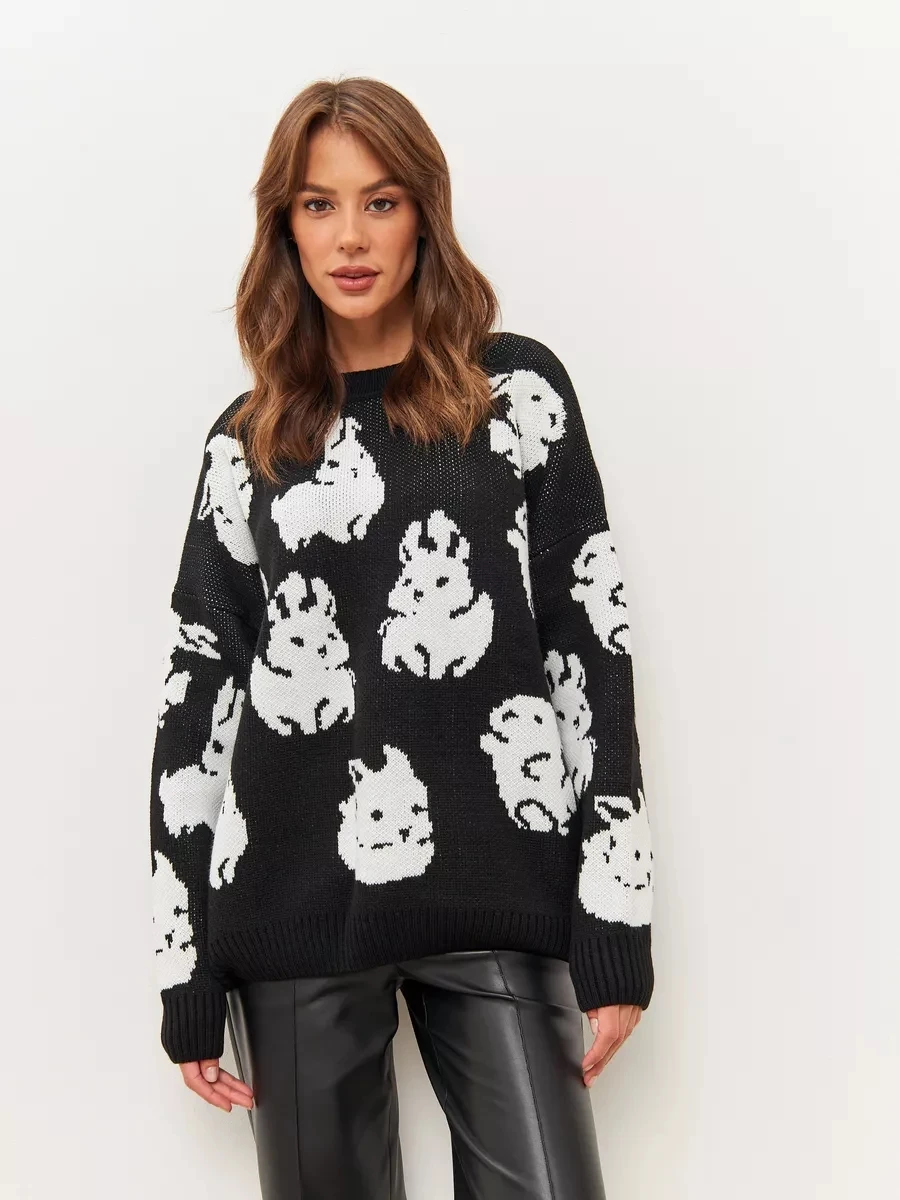 Women's Oversized Knitted Sweater With Print Women's Winter And Fall Warm Cute Rabbit Printed Knit Loose Pullover Casual Sweater
Women's Oversized Knitted Sweater With Print Women's Winter And Fall Warm Cute Rabbit Printed Knit Loose Pullover Casual Sweater