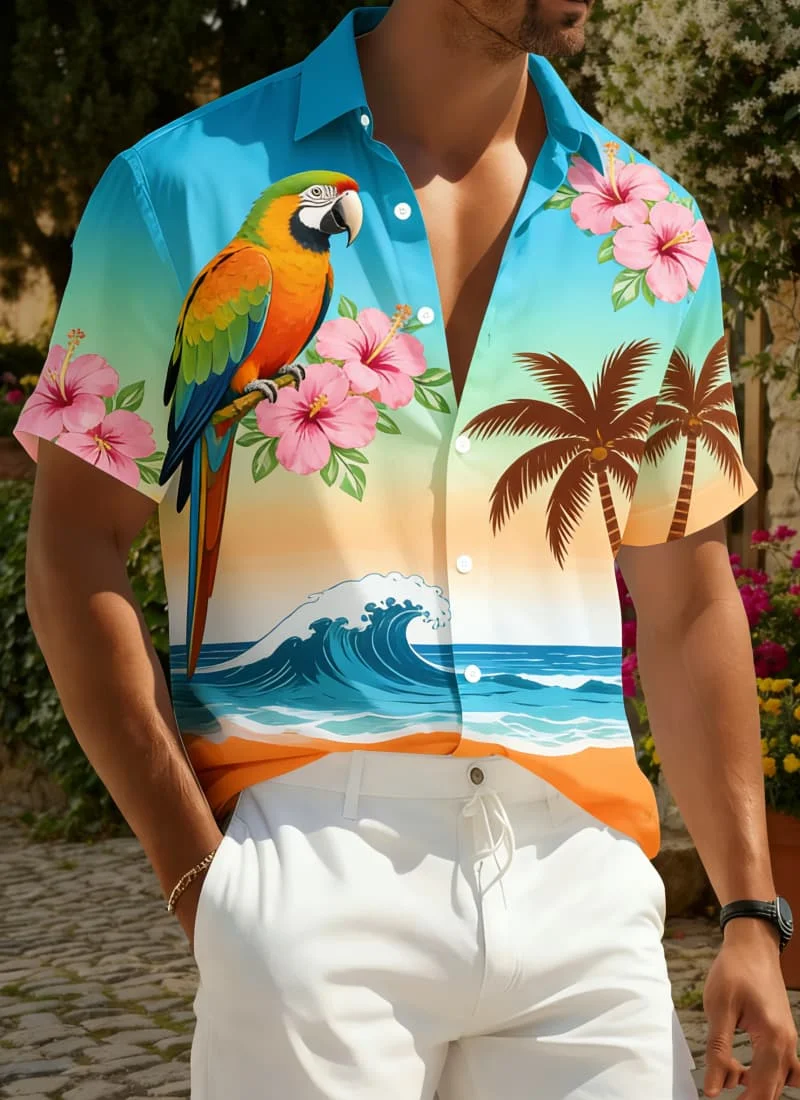 Men's Tropical Parrot & Floral Print Short Sleeve Shirt, Hawaiian Vacation Graphic for Summer Beach and Daily Casual Wear
Men's Tropical Parrot & Floral Print Short Sleeve Shirt, Hawaiian Vacation Graphic for Summer Beach and Daily Casual Wear