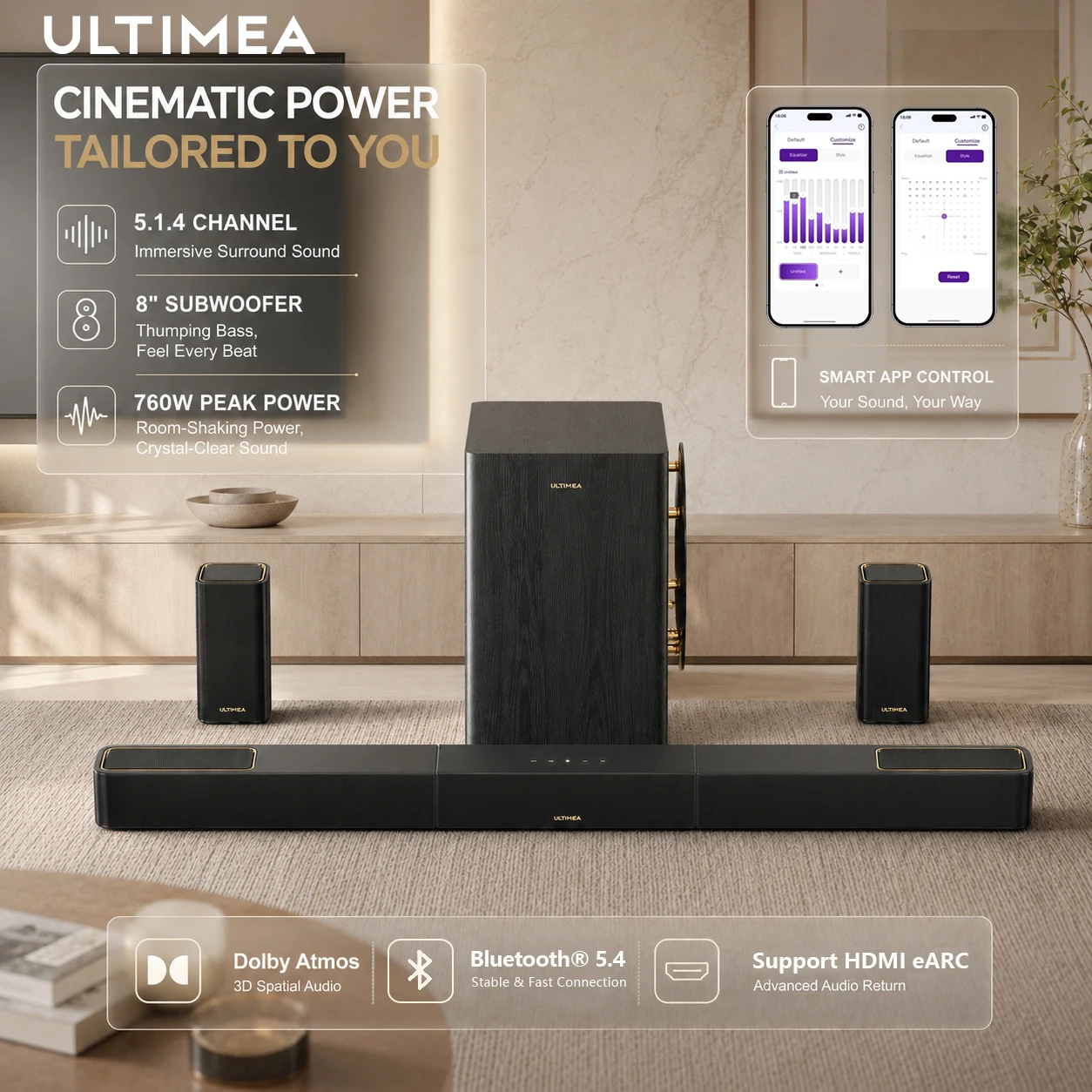 ULTIMEA Skywave Series 760W 5.1.4ch Soundbar with 8" Subwoofer & 2 Wireless Rear Speakers, Dolby Atmos, Surround Sound System
ULTIMEA Skywave Series 760W 5.1.4ch Soundbar with 8" Subwoofer & 2 Wireless Rear Speakers, Dolby Atmos, Surround Sound System