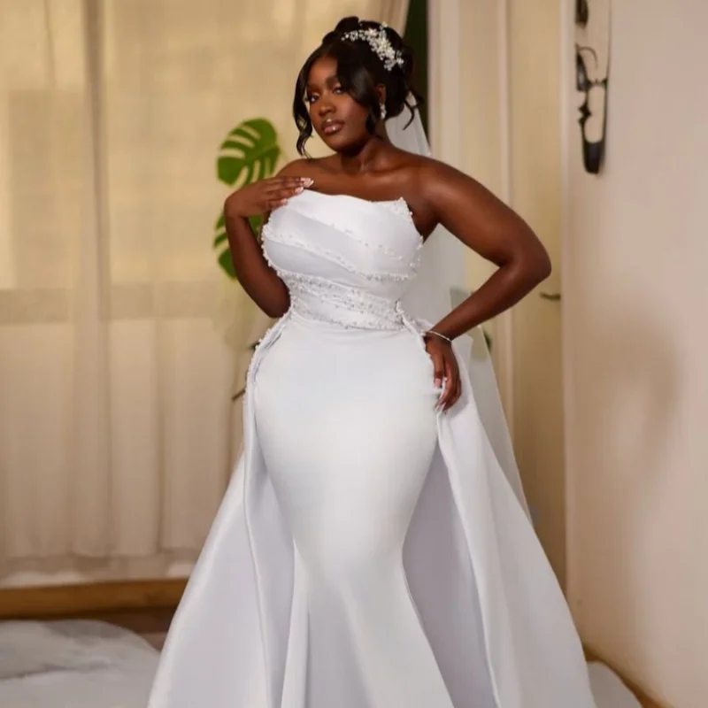 2026 White Elegant Mermaid Wedding Dress Sleeveless Strapless Satin Pearl Detachable Trailing Vestidos De Noiva Customized
2026 White Elegant Mermaid Wedding Dress Sleeveless Strapless Satin Pearl Detachable Trailing Vestidos De Noiva Customized
