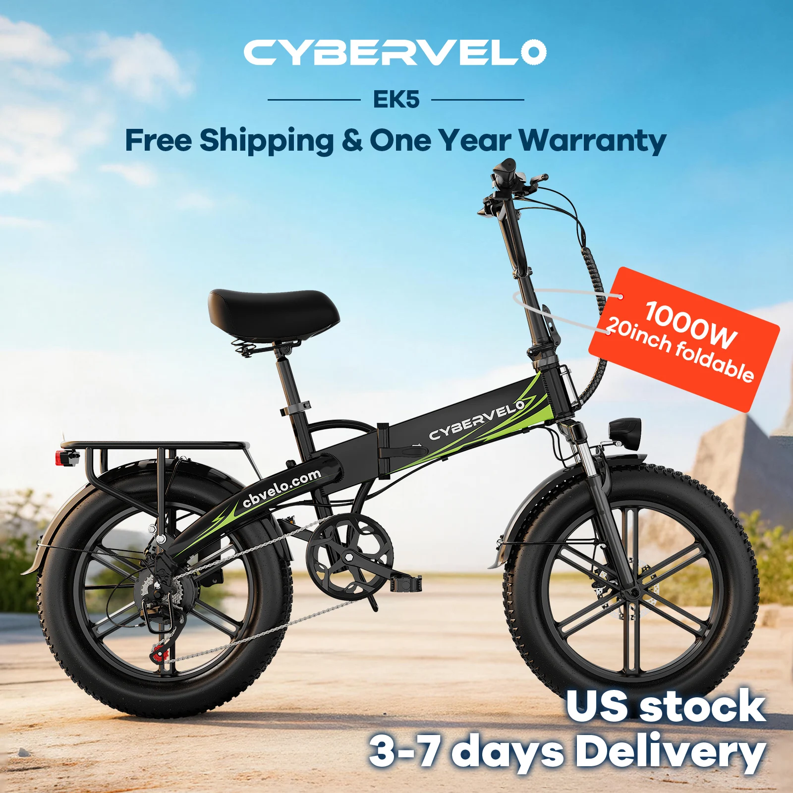 1000W Peak 20" Fat Tire Foldable City Cruiser Ebike, 48V 980Wh Waterproof Built-in Battery, 7-Speed All Terrain Commuter Electric Bike for Adults Cybervelo EK5
1000W Peak 20" Fat Tire Foldable City Cruiser Ebike, 48V 980Wh Waterproof Built-in Battery, 7-Speed All Terrain Commuter Electric Bike for Adults Cybervelo EK5