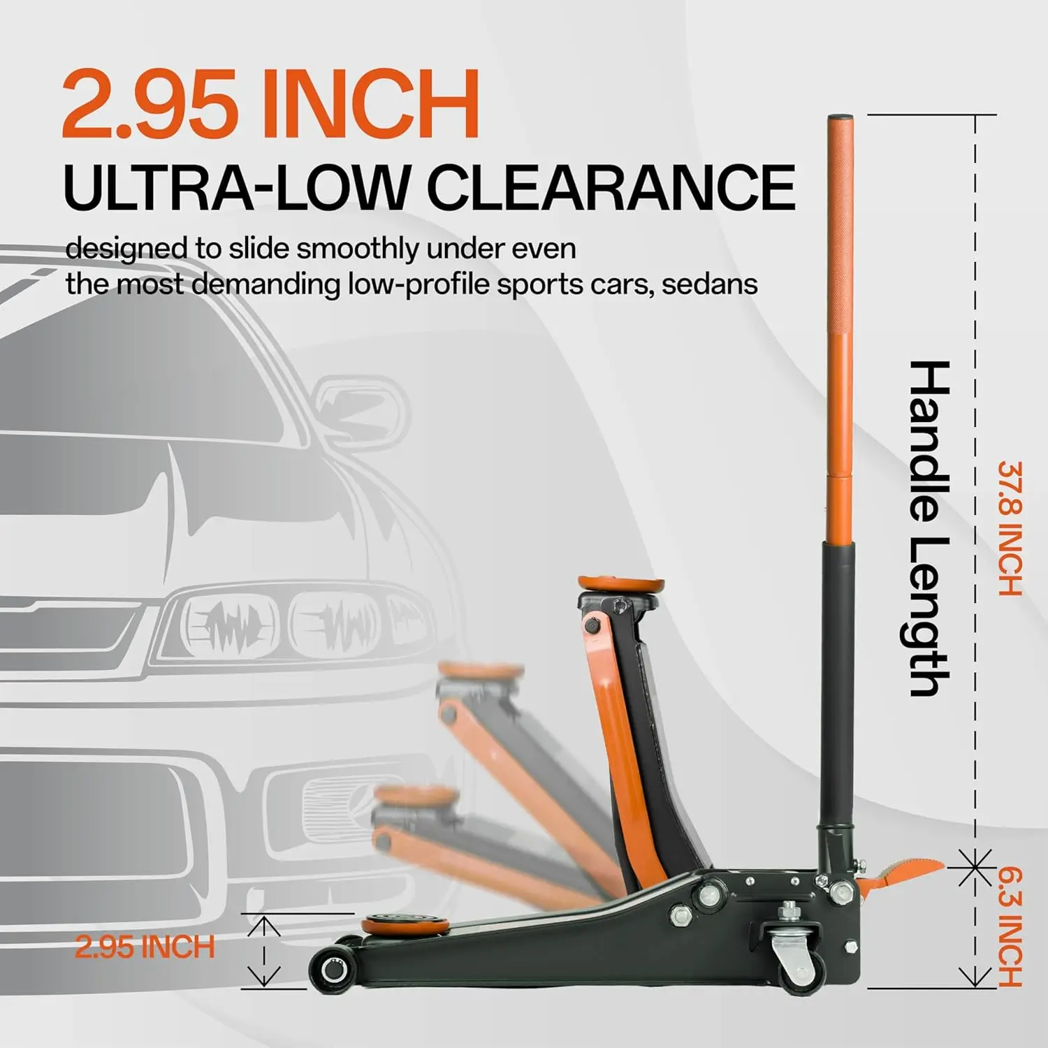 3 tons (6600 pounds) low profile hydraulic heavy-duty steel floor jack with dual piston rapid lift pump
3 tons (6600 pounds) low profile hydraulic heavy-duty steel floor jack with dual piston rapid lift pump