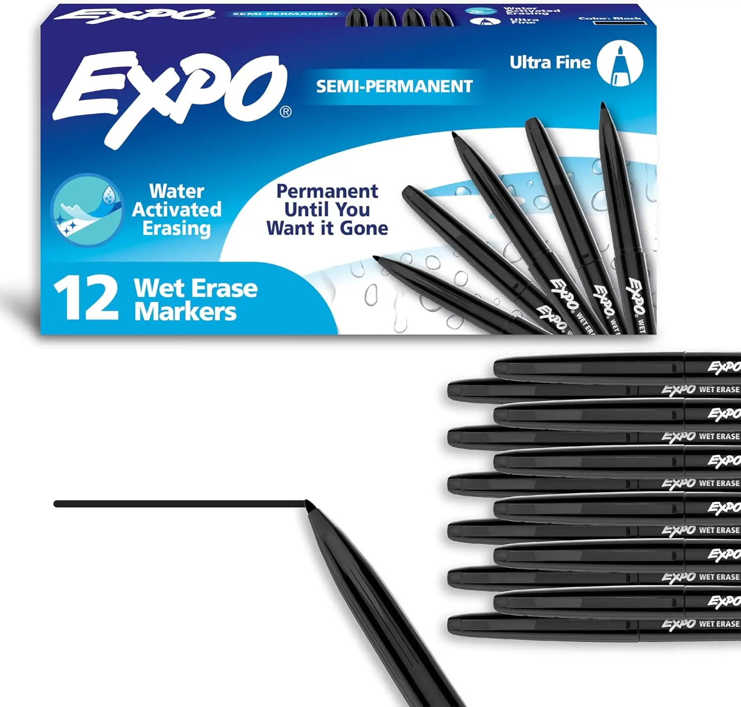 Wet Erase Markers, Black, Ultra Fine Tip, 12 Count for Glass & Whiteboards
Wet Erase Markers, Black, Ultra Fine Tip, 12 Count for Glass & Whiteboards