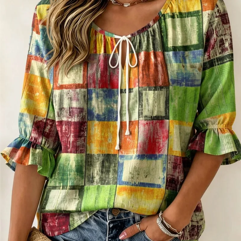 Women's Colorful Oil Painting Plaid Patchwork Tie V Neck Ruffle 3/4 Sleeve Bright Loose Vacation Blouse
Women's Colorful Oil Painting Plaid Patchwork Tie V Neck Ruffle 3/4 Sleeve Bright Loose Vacation Blouse