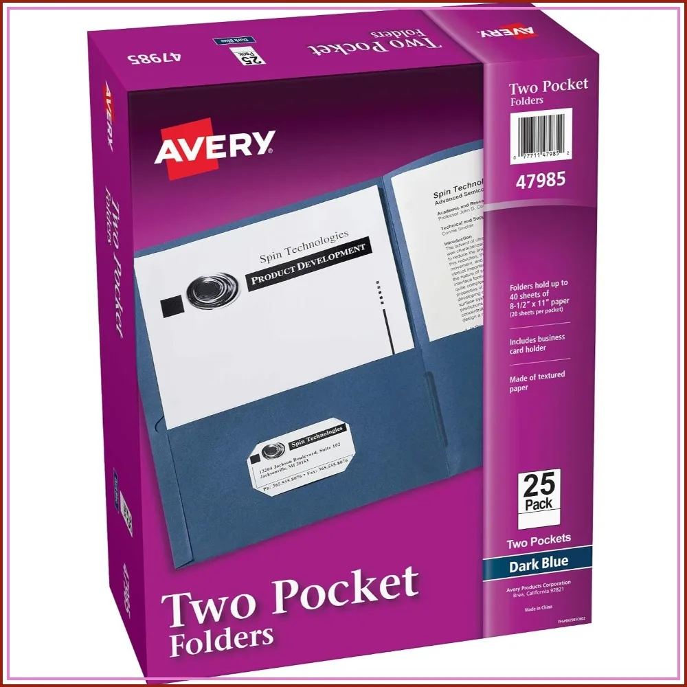 25 Pack Two Pocket Folders, Holds 40 Sheets, Business Card Slot, Durable Paper, for Office School Presentations, Dark Blue
25 Pack Two Pocket Folders, Holds 40 Sheets, Business Card Slot, Durable Paper, for Office School Presentations, Dark Blue