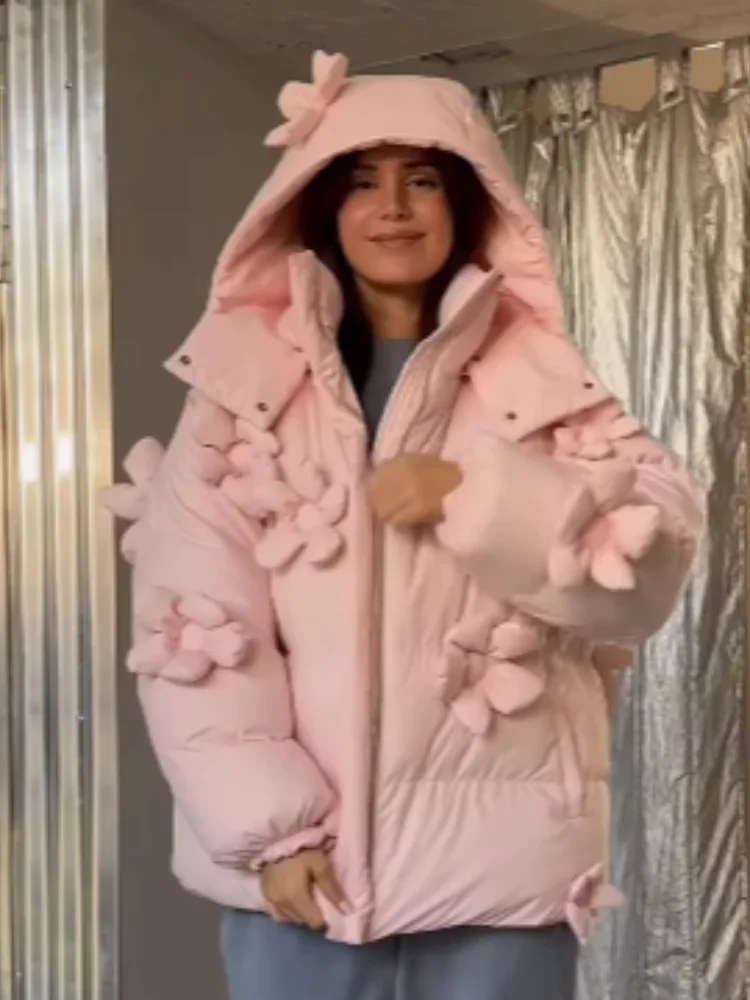 Sweet Pink 3d Flower Hooded Cotton Jacket Women Sweet Solid Stand Collar Zipper Pocket Loose Outerwears Lady Daily Streetwear
Sweet Pink 3d Flower Hooded Cotton Jacket Women Sweet Solid Stand Collar Zipper Pocket Loose Outerwears Lady Daily Streetwear