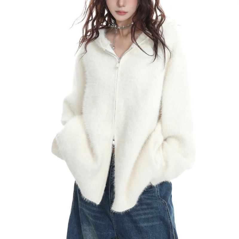 Early White Double Zipper Hooded High-End Sweater Cardigan for Women, Autumn Winter Spring Mohair Top
Early White Double Zipper Hooded High-End Sweater Cardigan for Women, Autumn Winter Spring Mohair Top