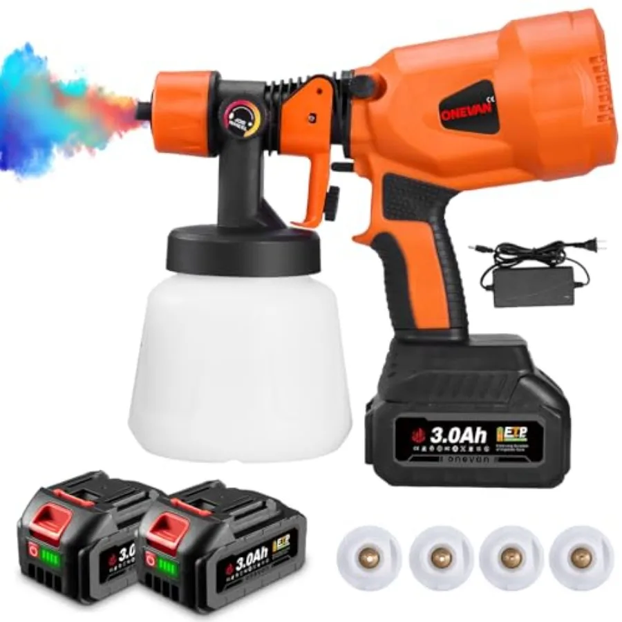 Cordless Paint Sprayer with 21V 2 x 3.0Ah Batteries and 1200ML Capacity Spray Paint Gun Including 4 Nozzles Ideal for Efficient
Cordless Paint Sprayer with 21V 2 x 3.0Ah Batteries and 1200ML Capacity Spray Paint Gun Including 4 Nozzles Ideal for Efficient