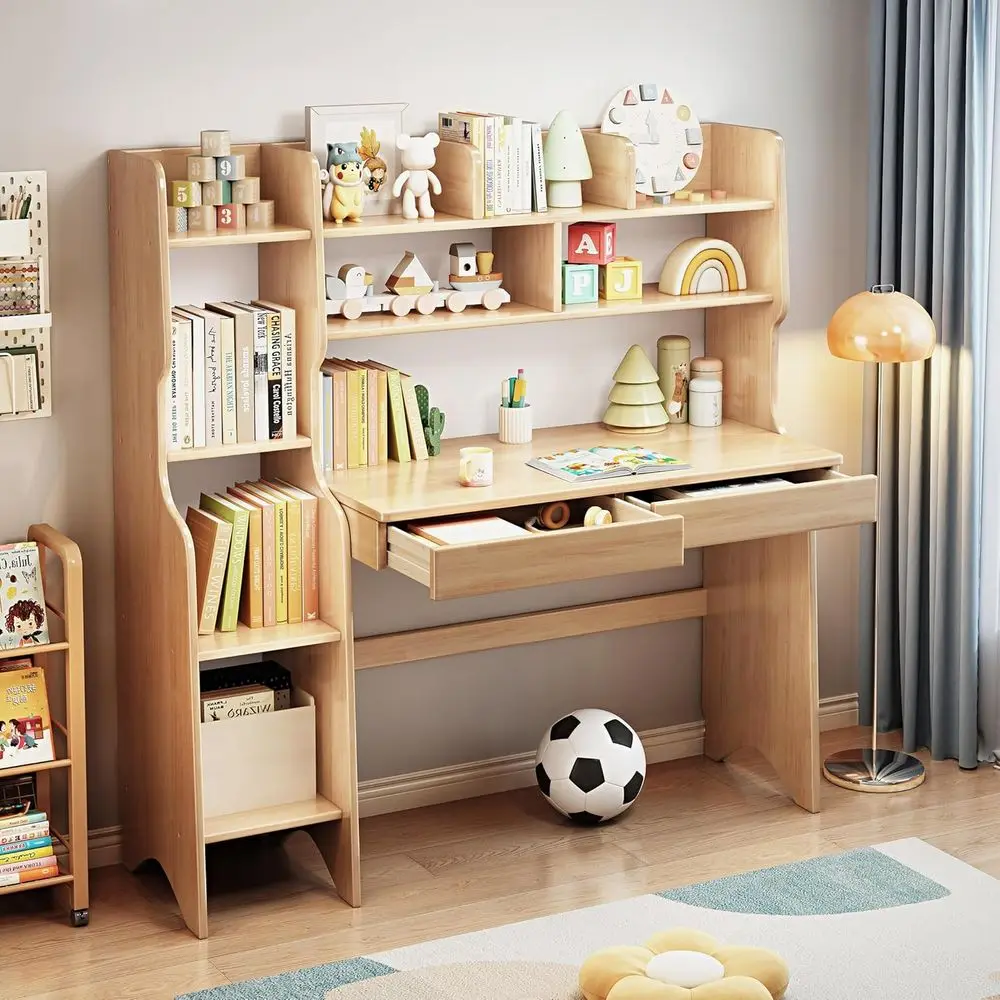 Natural Rubber Wood Kids Desk with Drawers, Bookshelf, and Media Station for Learning and Writing
Natural Rubber Wood Kids Desk with Drawers, Bookshelf, and Media Station for Learning and Writing