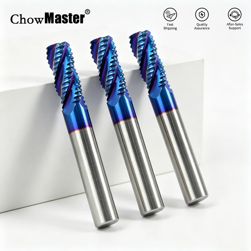 Chowmaster HRC65 4 Flute Roughing End Mill Tungsten Carbide Wave Router Bits Blue Coated CNC Milling Cutter for Metal Working
Chowmaster HRC65 4 Flute Roughing End Mill Tungsten Carbide Wave Router Bits Blue Coated CNC Milling Cutter for Metal Working