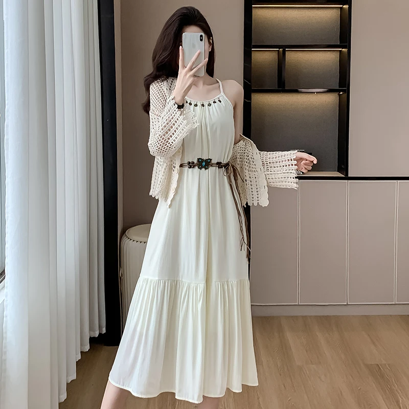 Bohemian Causal Dress Sets Lace-up Backless Sweet Strap Dresses Short Cardigan Top Women Two-piece Set Summer Female Clothes
Bohemian Causal Dress Sets Lace-up Backless Sweet Strap Dresses Short Cardigan Top Women Two-piece Set Summer Female Clothes