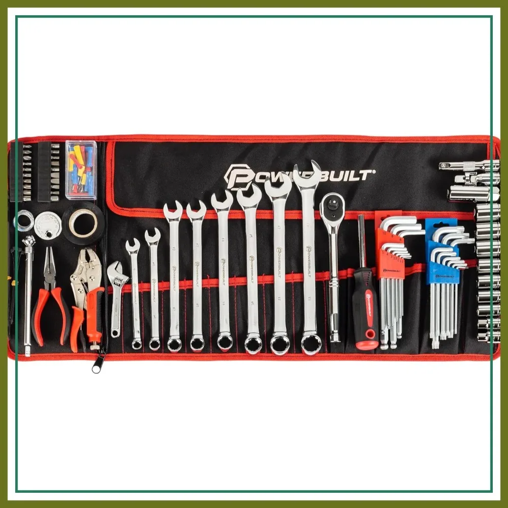 100 Piece Motorcycle Tool Kit with Roll Pouch, Roadside Travel Wrenches, Ratchet, Sockets
100 Piece Motorcycle Tool Kit with Roll Pouch, Roadside Travel Wrenches, Ratchet, Sockets