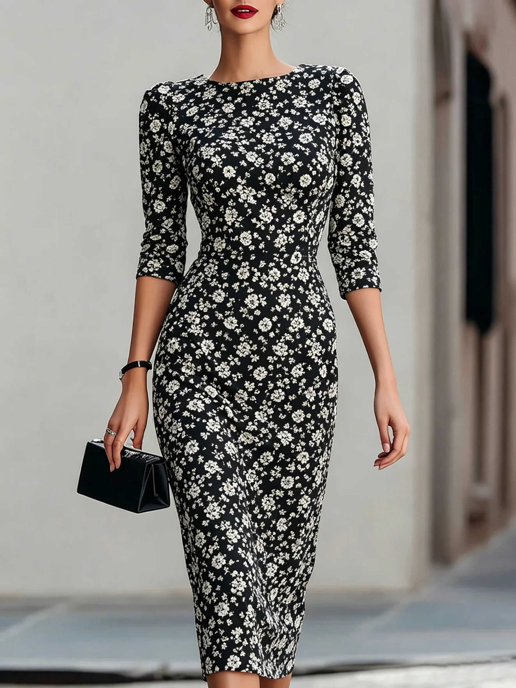Women's Elegant Floral Midi Dress Round Neck 3/4 Sleeve Black White Print Slim Bodycon Pencil Dress Office Casual Vacation
Women's Elegant Floral Midi Dress Round Neck 3/4 Sleeve Black White Print Slim Bodycon Pencil Dress Office Casual Vacation
