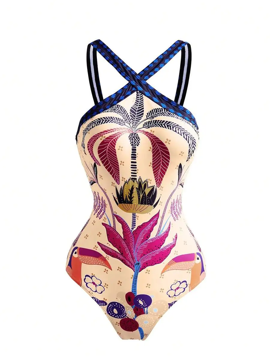 Womens Tropical Plant Print Criss-Cross One-Piece Swimsuit With Skirt
Womens Tropical Plant Print Criss-Cross One-Piece Swimsuit With Skirt