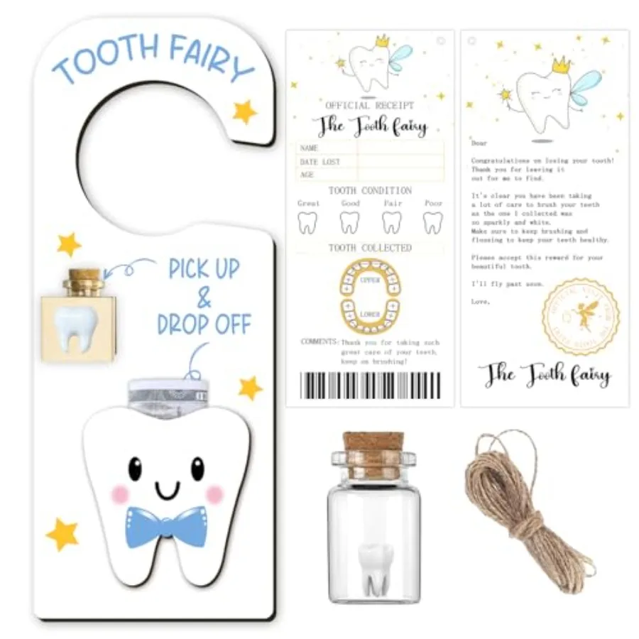 Cute Carved Wooden Box with 3D Tooth, 3Pcs Tooth Fairy Door Hanger With Recipe Cards and Keepsake Bottle, Gifts 3D Holder Box -
Cute Carved Wooden Box with 3D Tooth, 3Pcs Tooth Fairy Door Hanger With Recipe Cards and Keepsake Bottle, Gifts 3D Holder Box -