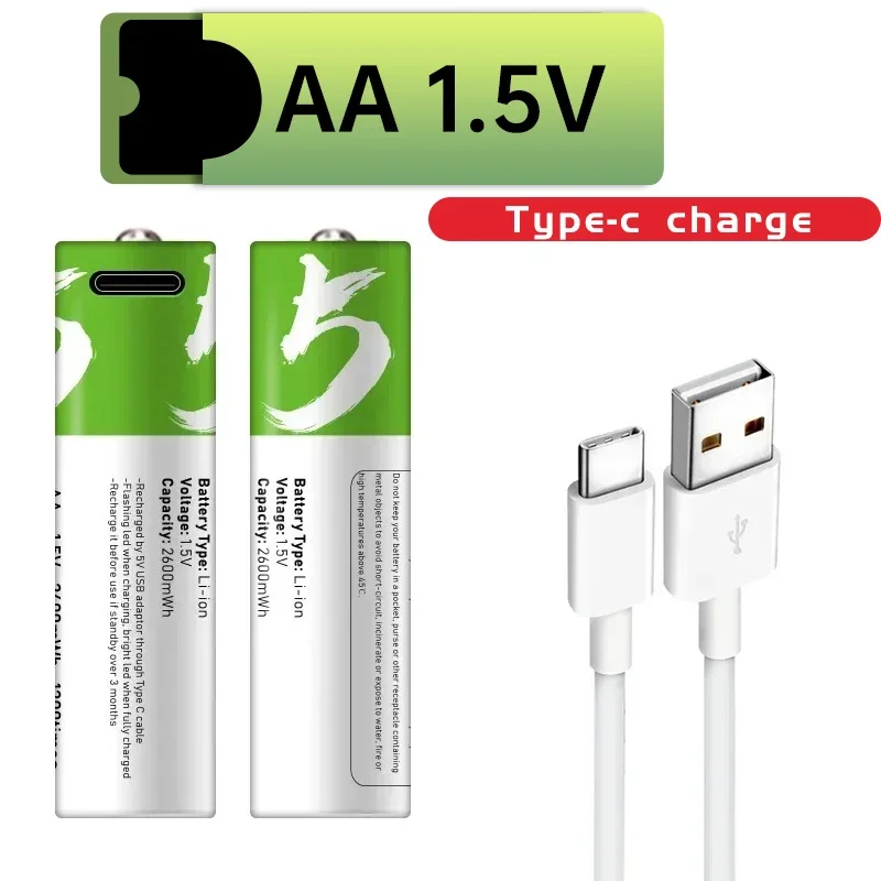 AA USB rechargeable lithium battery 2600mAh 1.5V for remote control mouse, electric toy, shaver, small fan MP3+TYPE C cable
AA USB rechargeable lithium battery 2600mAh 1.5V for remote control mouse, electric toy, shaver, small fan MP3+TYPE C cable
