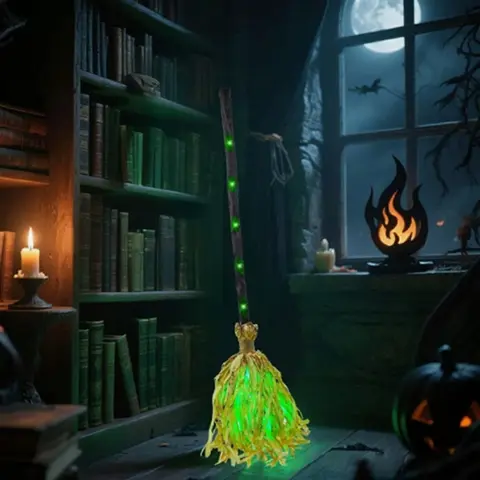Voice Halloween Glowing Witch Broom with Sound Halloween Self Jumping Action Voice Witch Broom Halloween Glowing Cosplay Props Brooms