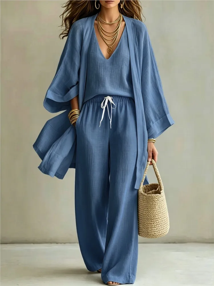 Solid Color Elegant Casual Premium Wide Leg Pants Set 2026 New Spring Summer Fashionable Comfortable Jacket Vest Three-piece Set
Solid Color Elegant Casual Premium Wide Leg Pants Set 2026 New Spring Summer Fashionable Comfortable Jacket Vest Three-piece Set