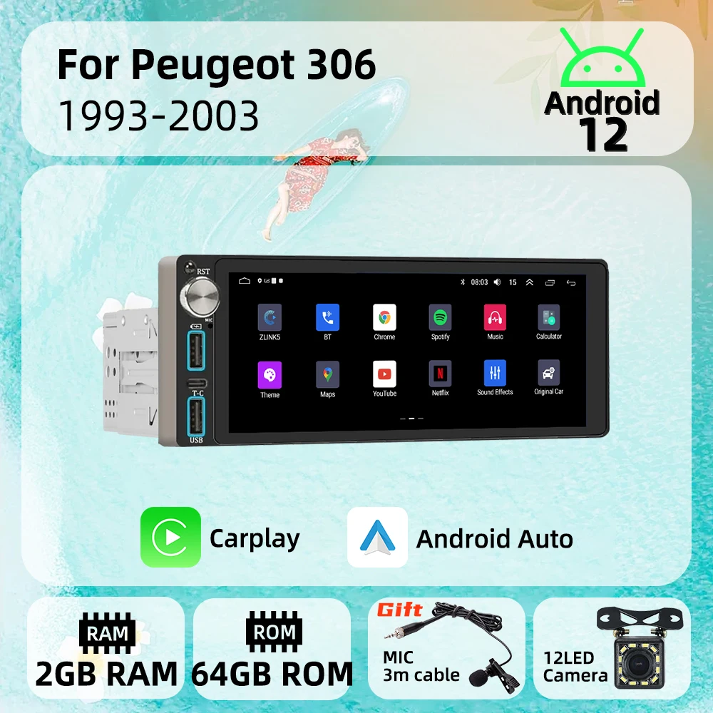 

Carplay 6.86" Screen Multimedia 1 Din Android Car Radio for Peugeot 306 1993-2003 Head Unit Autoradio Stereo GPS Navigation BT