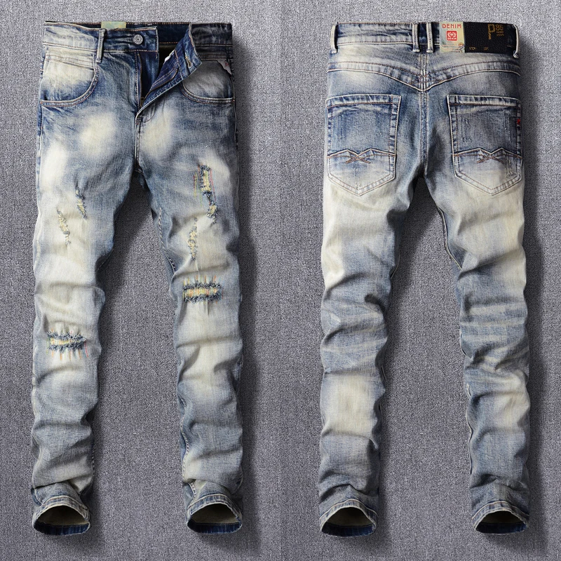 Streetwear Fashion Men Jeans Retro Yellow Blue Elastic Destroyed Slim Ripped Jeans Men Embroidery Designer Hip Hop Denim Pants
Streetwear Fashion Men Jeans Retro Yellow Blue Elastic Destroyed Slim Ripped Jeans Men Embroidery Designer Hip Hop Denim Pants