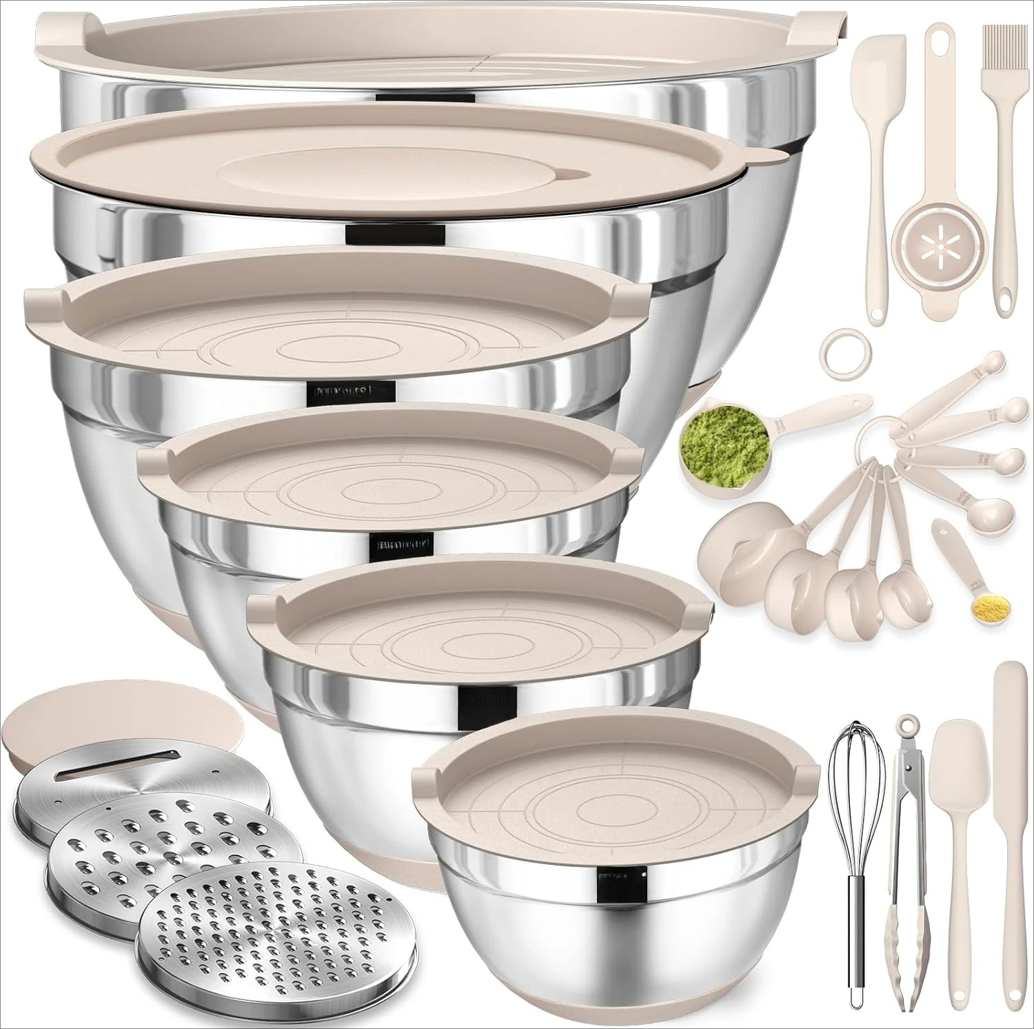 Mixing Bowls with Airtight Lids Set, 26PCS Stainless Steel Khaki Bowls with Grater Attachments, Non-Slip Bottoms & Kitchen Gadge
Mixing Bowls with Airtight Lids Set, 26PCS Stainless Steel Khaki Bowls with Grater Attachments, Non-Slip Bottoms & Kitchen Gadge