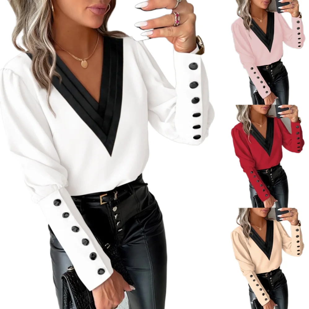 Elegant Women's Shirt Autumn 2024 New Fashion V-neck Pullover Solid Color Contrasting Loose Long Sleeved Button Women's Shirt
Elegant Women's Shirt Autumn 2024 New Fashion V-neck Pullover Solid Color Contrasting Loose Long Sleeved Button Women's Shirt