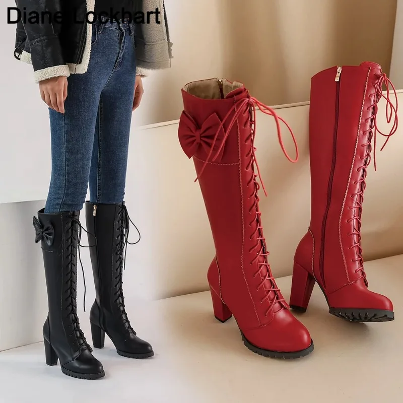 Winter Sweet Women Knee High Boots PU Leather Round Toe 7cm High Block Heels Bowtie Lace-up Lolita Lady Zipper Long Riding Boots
Winter Sweet Women Knee High Boots PU Leather Round Toe 7cm High Block Heels Bowtie Lace-up Lolita Lady Zipper Long Riding Boots