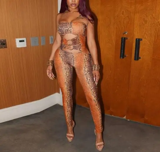 Tight Women's Jumpsuit 2026 Summer Sexy Snake Print Metal Ring Hollow Decoration Tight Strapless Jumpsuit Suitable for Parties
Tight Women's Jumpsuit 2026 Summer Sexy Snake Print Metal Ring Hollow Decoration Tight Strapless Jumpsuit Suitable for Parties