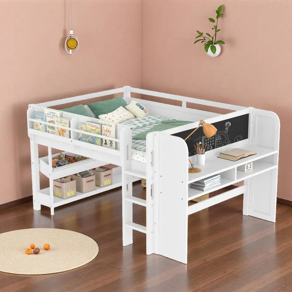 White Twin Size Low Loft Bed with Desk, Blackboard, Bookcases, and Drawers - Solid Wood Furniture
White Twin Size Low Loft Bed with Desk, Blackboard, Bookcases, and Drawers - Solid Wood Furniture