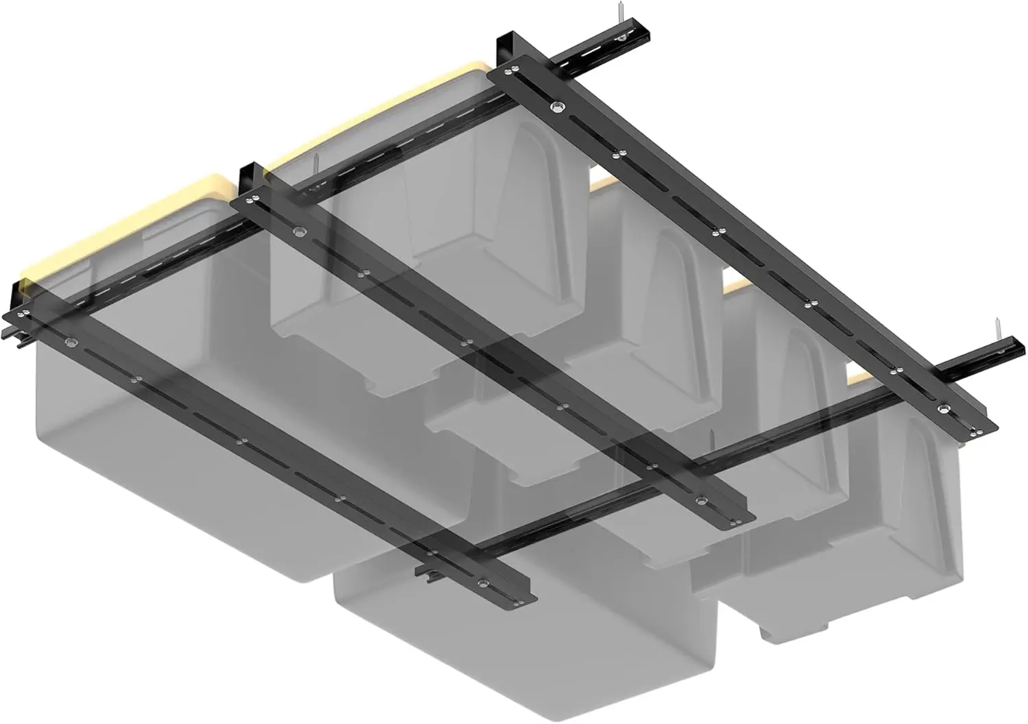 Overhead Tote Storage Rail System for Garage Ceiling, Heavy Duty Adjustable Slide Rails, Black (Bins Not Included)
Overhead Tote Storage Rail System for Garage Ceiling, Heavy Duty Adjustable Slide Rails, Black (Bins Not Included)