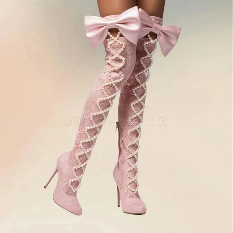 Pink Lace Bow Knot Pearl Geometric Design Boots Side Zipper Women Shoes Thin High Heels Party Banquet 2025 Zapatos Para Mujere
Pink Lace Bow Knot Pearl Geometric Design Boots Side Zipper Women Shoes Thin High Heels Party Banquet 2025 Zapatos Para Mujere