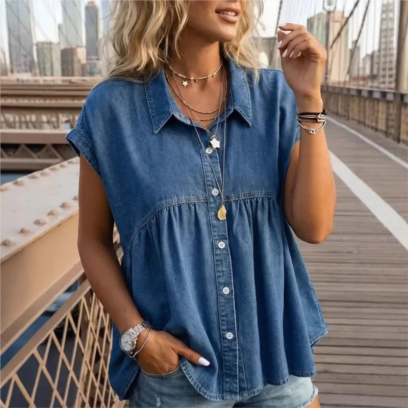 Women A-line imitation Denim Shirt 2026 Summer Short Sleeve Single Breasted Ruffled Splicing Big Swing Blouse Jean Dresses
Women A-line imitation Denim Shirt 2026 Summer Short Sleeve Single Breasted Ruffled Splicing Big Swing Blouse Jean Dresses