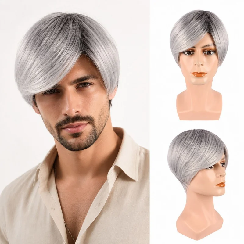 European and American men's in silver-gray color, new short straight hair, fashionable synthetic fiber wigs
European and American men's in silver-gray color, new short straight hair, fashionable synthetic fiber wigs