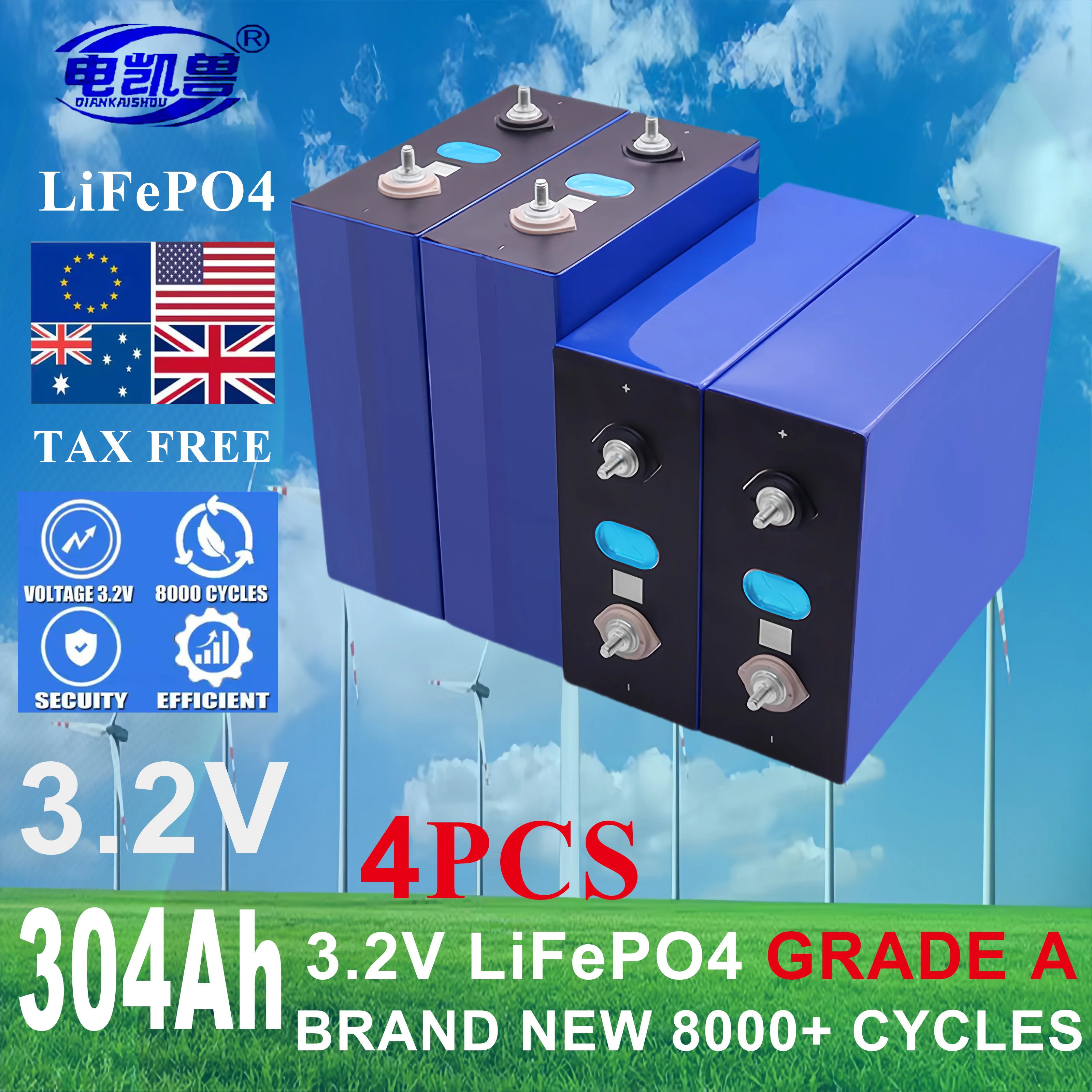 4 pcs 3.2V 304Ah 8000 cycle LiFePO4 battery DIY 12V 24V 48V for Electric car RV Campers Golf Cart Off-Road Solar Wind TAX FREE 
4 pcs 3.2V 304Ah 8000 cycle LiFePO4 battery DIY 12V 24V 48V for Electric car RV Campers Golf Cart Off-Road Solar Wind TAX FREE
