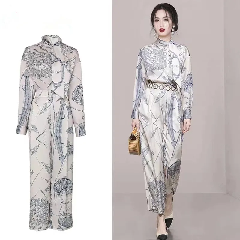 2024 Runway Spring Satin Pants Suits Elegant Women Stand Collar Printed Ribbon Loose Shirt +High Waist Belt Trousers 2 Piece Set
2024 Runway Spring Satin Pants Suits Elegant Women Stand Collar Printed Ribbon Loose Shirt +High Waist Belt Trousers 2 Piece Set