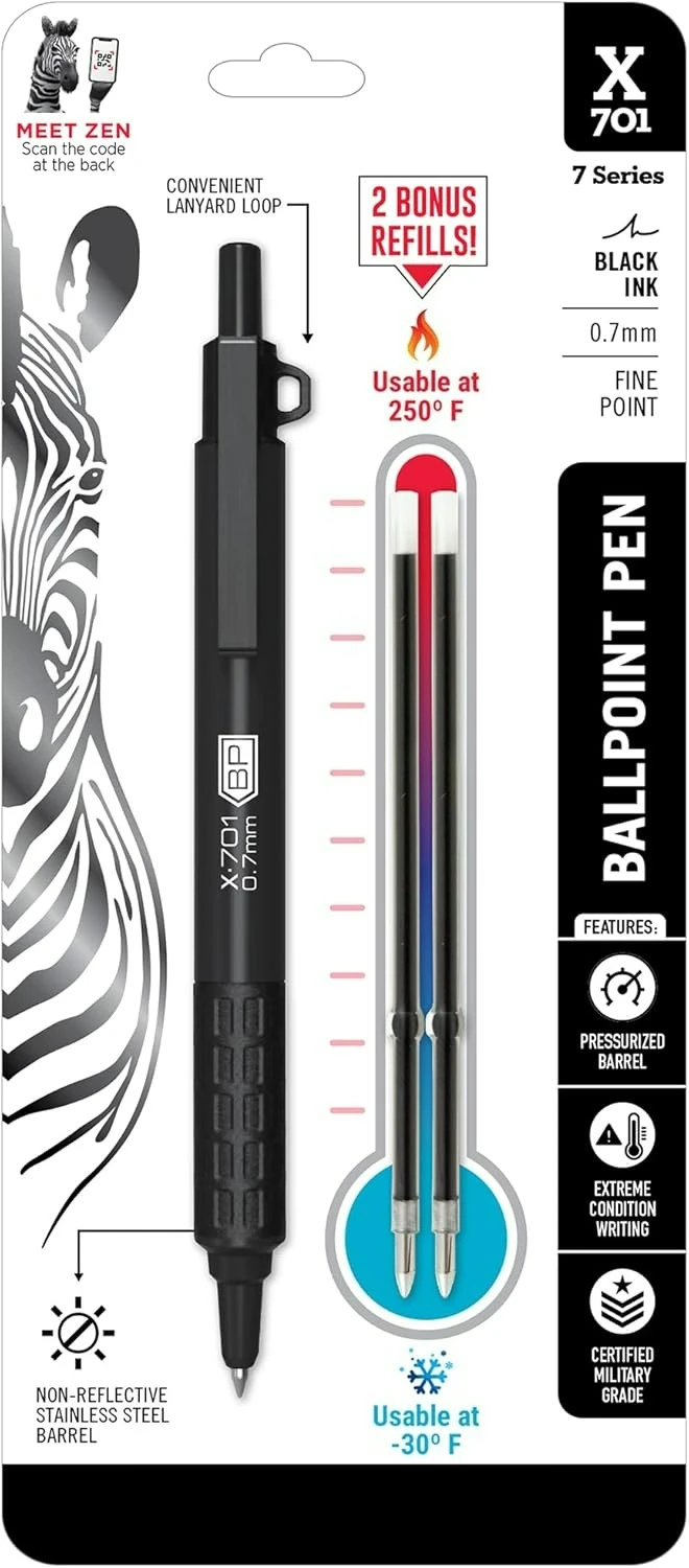 X-701 Tactical Ballpoint Pen, Writes in Extreme Conditions, Matte Black Stainless Steel, Refillable, Lanyard Loop, 0.7mm Black Ink, 1-Pack Plus 2 Bonus Refills, (29811)
X-701 Tactical Ballpoint Pen, Writes in Extreme Conditions, Matte Black Stainless Steel, Refillable, Lanyard Loop, 0.7mm Black Ink, 1-Pack Plus 2 Bonus Refills, (29811)