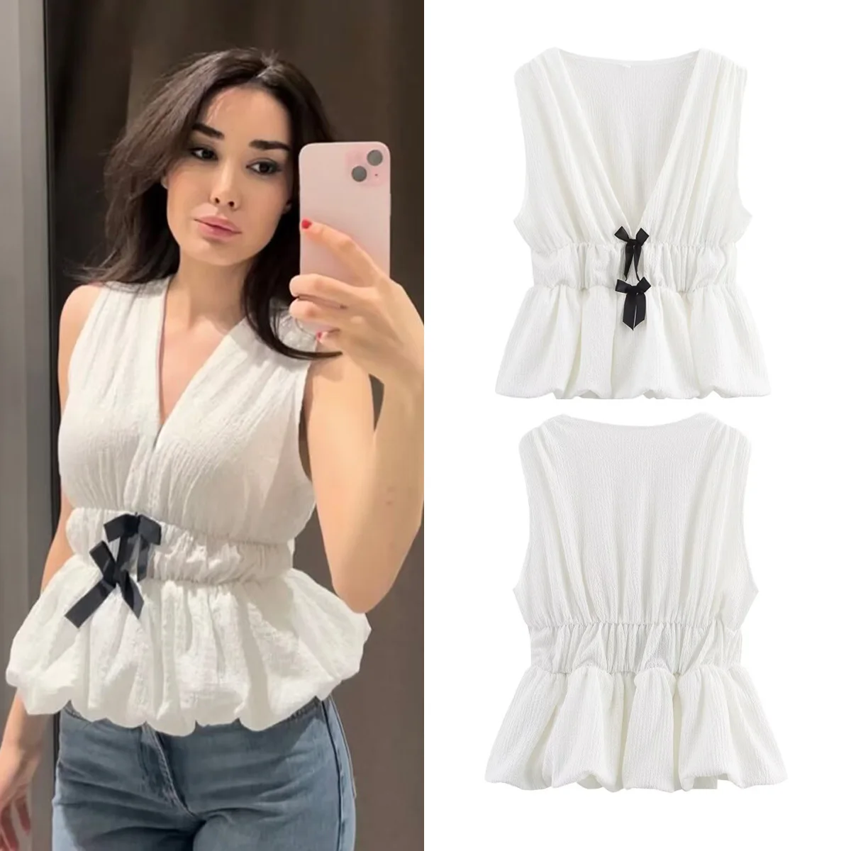 Summer Trend Versatile V-neck Sleeveless Bow Top Tank Top for Women Y2k Clothes Sexy T-shirt Tops White Tess Design Streetwear
Summer Trend Versatile V-neck Sleeveless Bow Top Tank Top for Women Y2k Clothes Sexy T-shirt Tops White Tess Design Streetwear