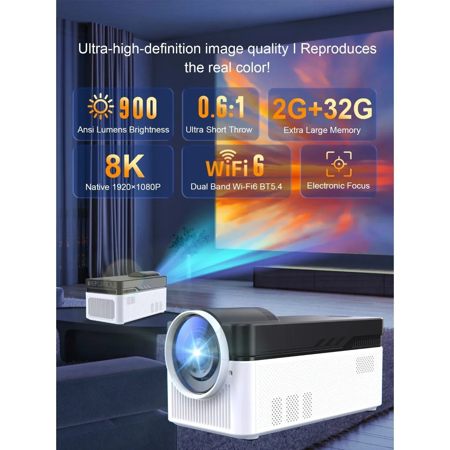 Projector 900ANSI Android 11 8K 4K HY450 BT5.4 WiFi6 Ultra Short Throw Auto Offset Electronic Focus Home Theater Projector
Projector 900ANSI Android 11 8K 4K HY450 BT5.4 WiFi6 Ultra Short Throw Auto Offset Electronic Focus Home Theater Projector