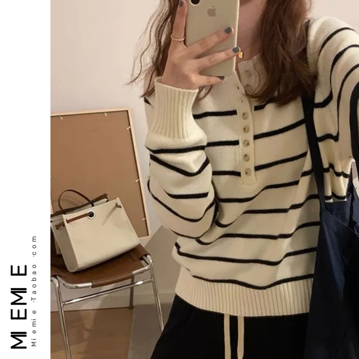Sle Korean Striped Knitwear Long Sve Hoodie Women's Slimming Top Spring Faion Commute Button Detail V-Ne
Sle Korean Striped Knitwear Long Sve Hoodie Women's Slimming Top Spring Faion Commute Button Detail V-Ne