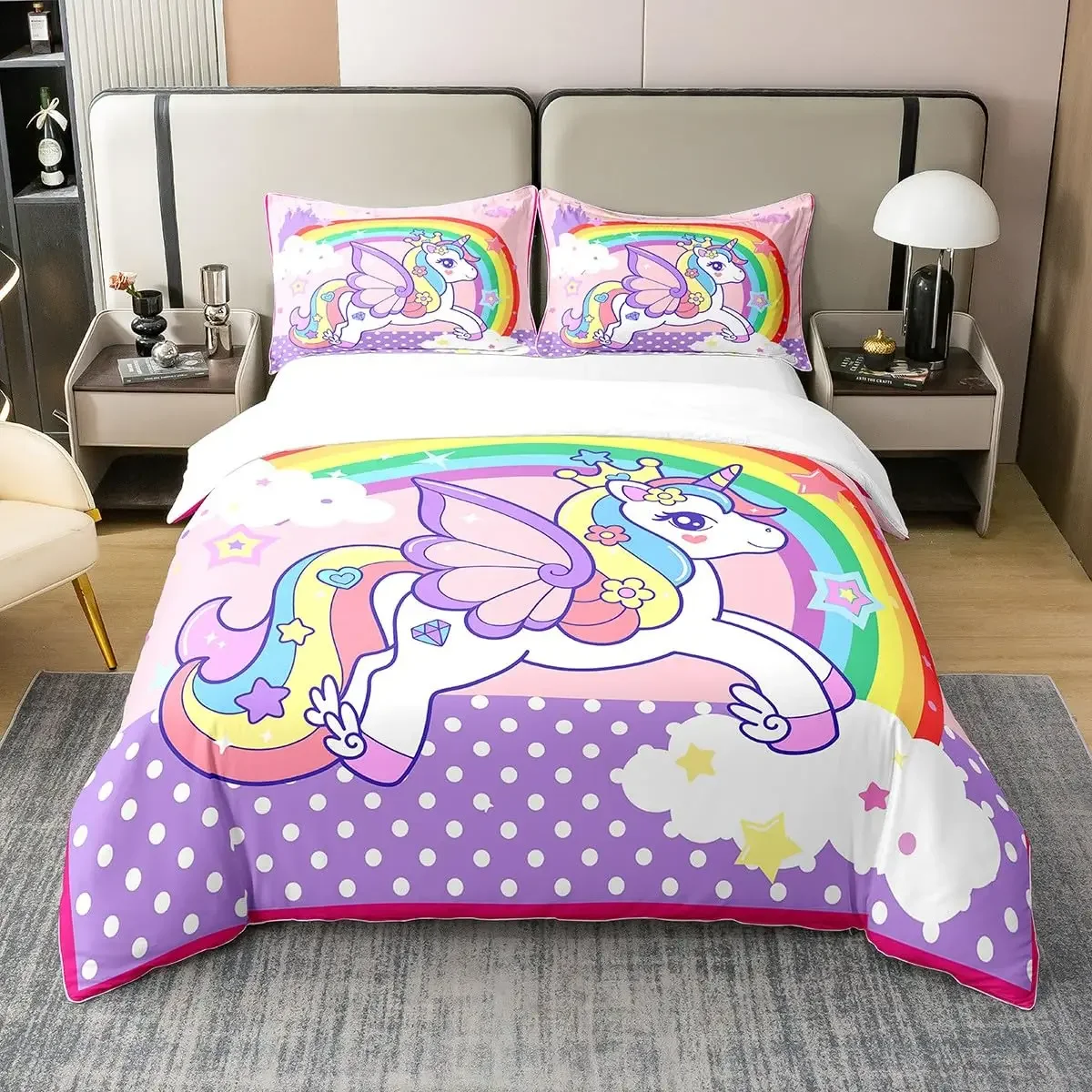 Unicorn Comforter Cover Queen Size Cute Rainbow Print Bedding Set Kids Girls Girly Animal Themed Duvet Cover with 2 Pillowcases
Unicorn Comforter Cover Queen Size Cute Rainbow Print Bedding Set Kids Girls Girly Animal Themed Duvet Cover with 2 Pillowcases