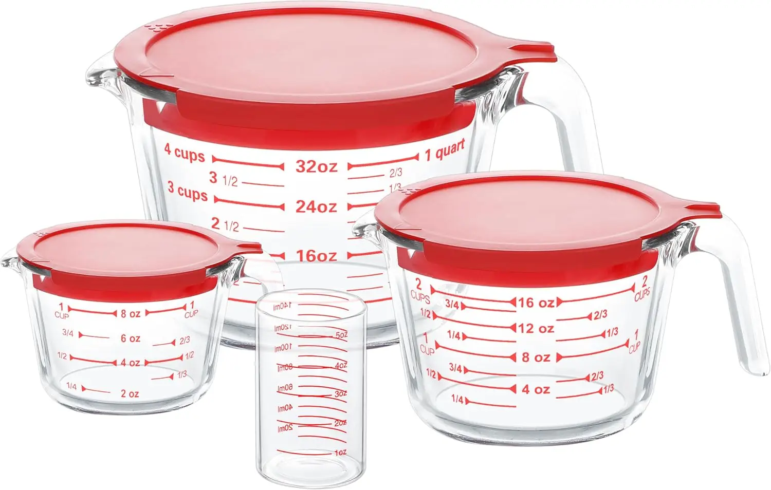 4-Piece Glass Measuring Cups Set with Lids, 5oz to 4-Cup Sizes, Microwave & Freezer Safe for Kitchen Use
4-Piece Glass Measuring Cups Set with Lids, 5oz to 4-Cup Sizes, Microwave & Freezer Safe for Kitchen Use