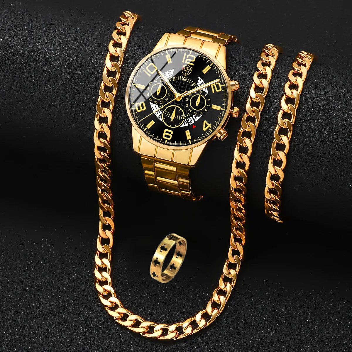 Men's Fashion 4pcs/set Quartz Watch with Date Function, Cuban Necklace, Ring and Bracelet, Thanksgiving Ideal Gifts for Men
Men's Fashion 4pcs/set Quartz Watch with Date Function, Cuban Necklace, Ring and Bracelet, Thanksgiving Ideal Gifts for Men