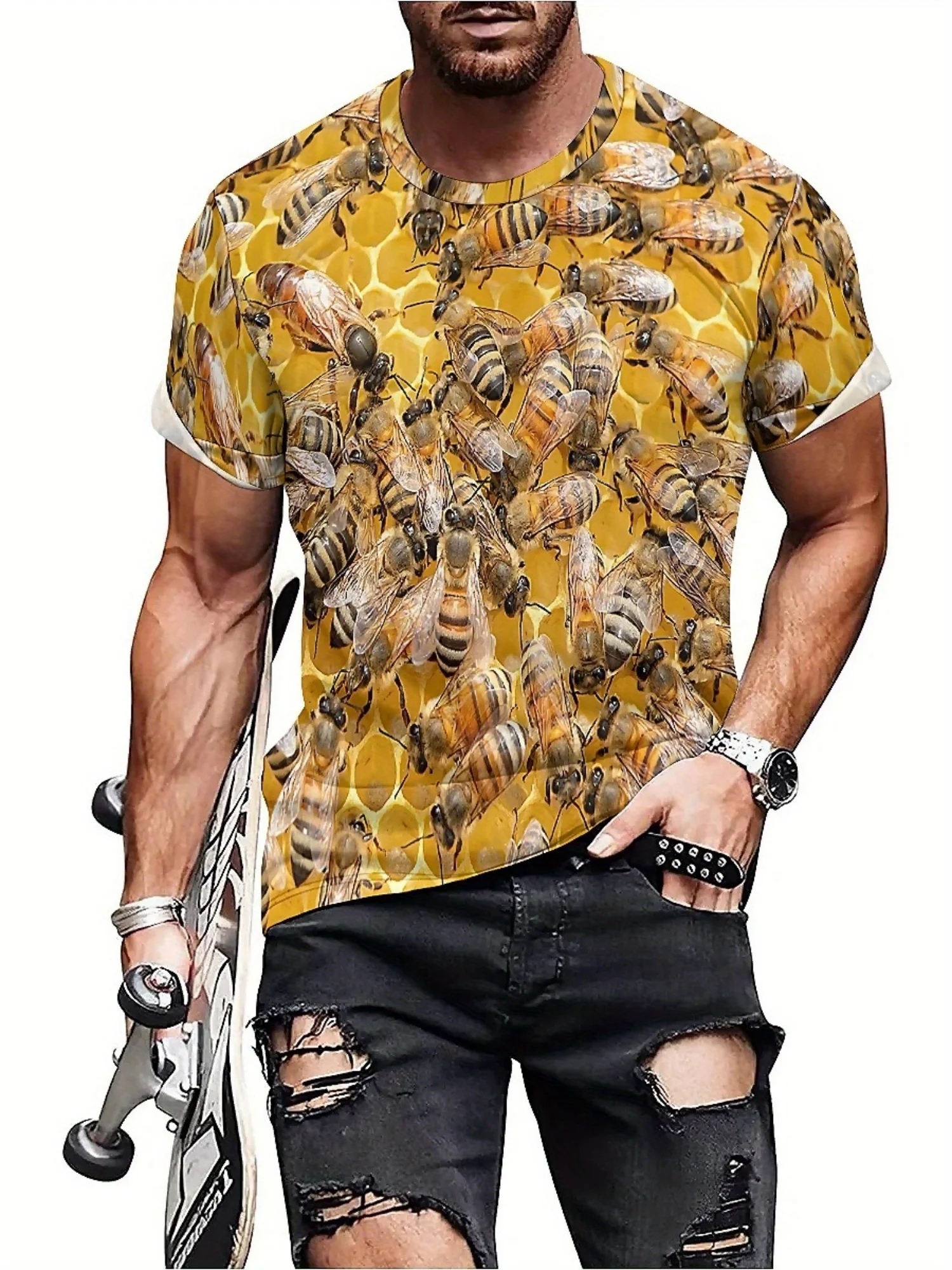 Men'S 3D Bee Print T-Shirt - Soft Polyester, Round Neck, Short Sleeve, Geometric Pattern, Regular Fit, All-Season Comfort
Men'S 3D Bee Print T-Shirt - Soft Polyester, Round Neck, Short Sleeve, Geometric Pattern, Regular Fit, All-Season Comfort