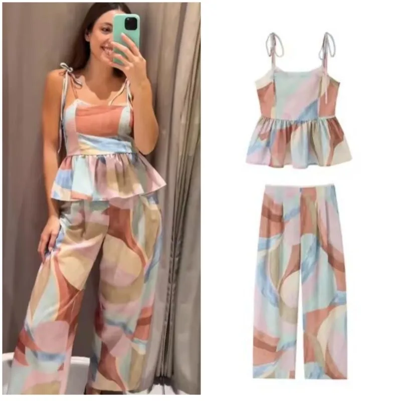 Women's Printed Pants Set 2026 New Lace Trim Lace-up Sexy Tops Mid-waist Wide-leg Pants Casual Fashion Female 2 Piece Sets
Women's Printed Pants Set 2026 New Lace Trim Lace-up Sexy Tops Mid-waist Wide-leg Pants Casual Fashion Female 2 Piece Sets