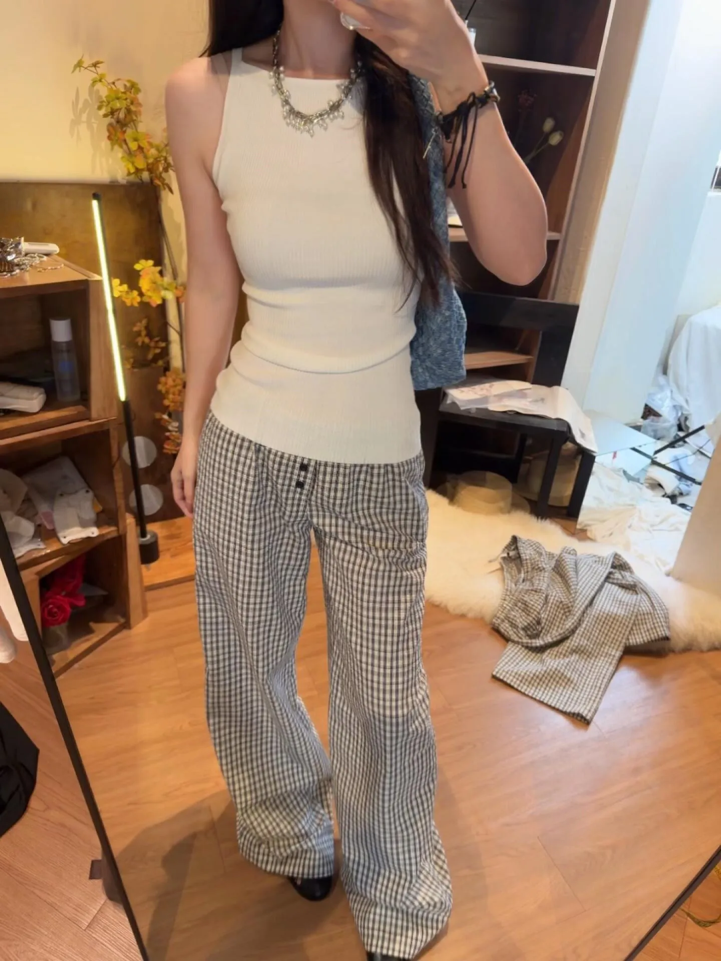 Low Waist Wide Leg Pants Women's Summer Thin Loose Slimming Lazy Style Spicy Girl Straight Tube Plaid Pants Casual Cotton
Low Waist Wide Leg Pants Women's Summer Thin Loose Slimming Lazy Style Spicy Girl Straight Tube Plaid Pants Casual Cotton