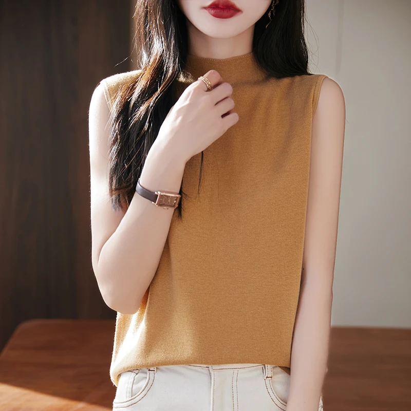 Spring and summer new women's short sleeved knitted wool sleeveless shirt Half high collar women's T-shirt hot selling
Spring and summer new women's short sleeved knitted wool sleeveless shirt Half high collar women's T-shirt hot selling