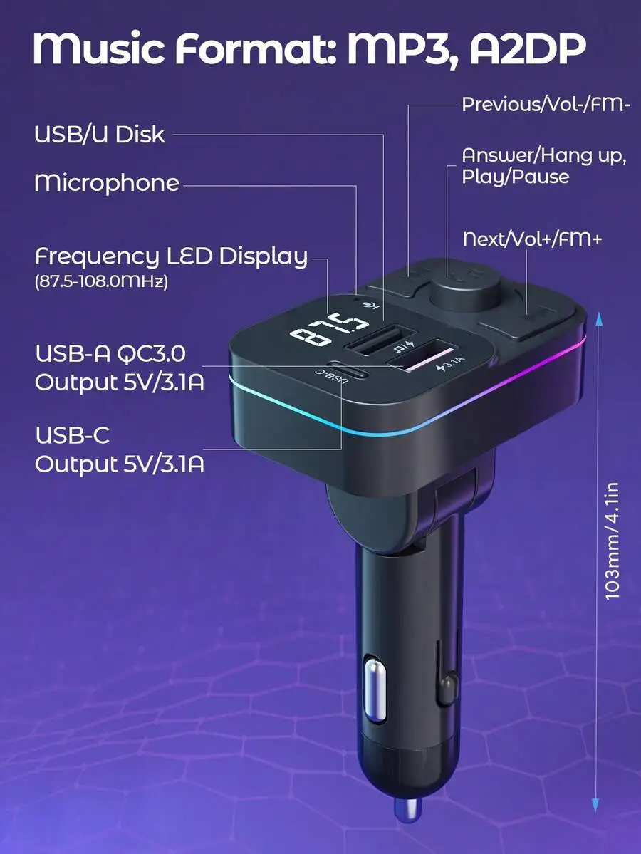 Wireless MP3 Player Car FM Transmitter With USB C And Dual USB Ports Hands-Free Calling
Wireless MP3 Player Car FM Transmitter With USB C And Dual USB Ports Hands-Free Calling